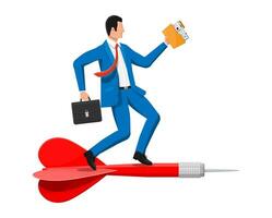 Businessman on dart aim arrow to target. Goal setting smart goal. Business man in suit with briefcase, folder with documents. Business target concept. Achievement and success. Flat vector illustration