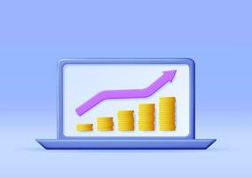 3D Growth Stock Coin Chart and Arrow on Laptop Computer. Render Stock Arrow with Money on Monitor Shows Growth or Success. Financial Item, Business Investment. Money and Banking. Vector Illustration