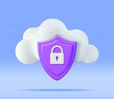 3D White Cloud with Locked Padlock. Render Cloud with Pad Lock Icon. Concept of Cloud Data Protection, Security and Confidentiality. Safety, Encryption and Privacy. Vector Illustration