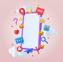 3D Social Media Concept Isolated. Render Smartphone with Colorful Social Network Icon. Chat Bubble, Like Button, Exclamation Question Mark, Notification Bell. Online Communication. Vector Illustration