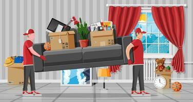 Moving to new house. Family relocated to new home. Paper cardboard boxes with various household thing. Package for transportation. Computer, lamp, clothes, books. Vector illustration in flat style