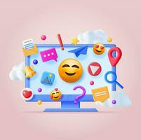 3D Social Media Concept Isolated. Render Computer with Colorful Social Network Icon. Chat Bubble, Like Button, Exclamation Question Mark, Notification Bell. Online Communication. Vector Illustration