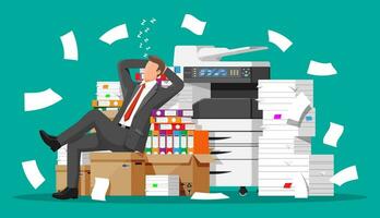 Business man character sleep in bunch of papers. Tired businessman or office worker sleeping on workplace. Stress at work. Bureaucracy, paperwork, deadline. Vector illustration in flat style