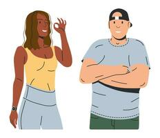 aptitud Pareja aislado en blanco. aptitud modelo y carrocero. de moda ajuste hombre y mujer. africano americano muscular masculino y caucásico Delgado hembra Deportes caracteres. dibujos animados plano vector ilustración