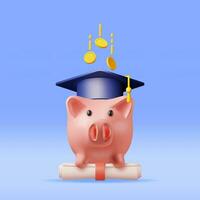 3D Piggy Bank with Graduation Cap, Diploma Scroll and Golden Coins. Render Concept of Savings for Education. Savings and Investment. Academic and School Knowledge. Realistic Vector Illustration