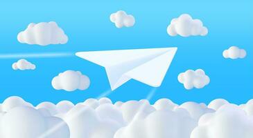 3D White Paper Plane in Sky with Clouds. Render Folded Paper Into Shape of Airplane Icon. Origami Folded Toy Air Plane. Transportation Delivery, Internet Mail and Messaging Symbol. Vector Illustration