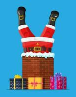 Santa claus with gifts stuck in house chimney. Happy new year decoration. Merry christmas eve holiday. New year and xmas celebration. Vector illustration in flat style