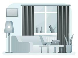 Interior of modern living room. Sofa, plant, desk with laptop, lamp. Cat sitting on window with curtains. Home decor in grey tones. Flat style vector