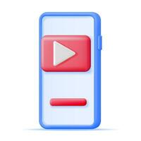 3D Play Button on Smartphone Screen Isolated. Render Red Square with White Triangle. Simple Icon of Web Player. Social Media, Web Multimedia Movie and Music. Video, Audio and VLOG. Vector Illustration