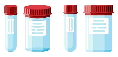 prueba tubos con tapas. heces, sangre, orina y esperma. médico equipo. muestra tazas para ginecológico análisis. vacío el plastico contenedores para análisis en médico laboratorio. plano vector ilustración