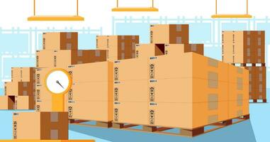 Warehouse Interior with Goods and Container Package Boxes. Pile Cardboard Boxes Set. Carton Delivery Packaging Open and Closed Box with Fragile Signs. Vector Illustration in Flat Style