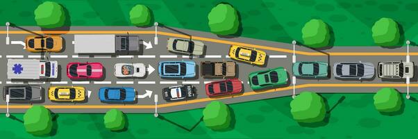 Road Highways with Many Different Vehicles in Traffic Jam. Narrowing or Bottleneck on Road Top View. Map of Cars. Urban Transport. Traffic Regulations. Rules of Road. Vector Illustration in Flat Style