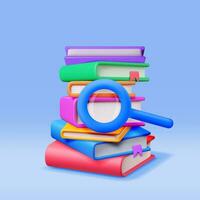 3D Stack of Closed Books with Magnifying Glass Isolated. Render Pile of Books with Magnifier Icon. Search for Information, Finding Data. Reading Education, Scientific Research. Vector Illustration