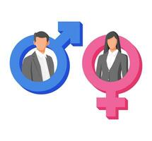 Pink and Blue Gender Symbol with Woman and Man Characters Isolated on White. Feminine and Masculine Signs. Male, Female, Boy, Girl, Man, Woman Icon. Cartoon Flat Vector Illustration