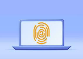 3D Fingerprint on Computer Isolated. Render Finger Print and Laptop. Identification and Authorization System. Fingerprint for ID, Passport, Application, Biometric Scan. Vector Illustration