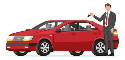 Passenger Car and Businessman Holding Key. Sedan and Man. Modern City Car Isolated. Color Urban Vehicle. Automobile Concept on White Background. Cartoon Flat Vector Illustration