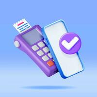 3D Payment Terminal with Smartphone and Receipt. Render Modern POS Bank Payment Device. Payment NFC Keypad Machine. Credit Debit Card Reader. Contactless Payment Transaction Vector illustration