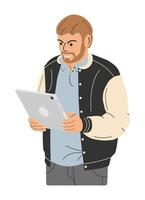 Bearded Fashionable Man Holding Tablet Computer. Guy in Casual Clothes with Tablet PC. Male Character in Jacket and Jeans with Computer. IT Engineer Standing Pose. Cartoon Flat Vector Illustration