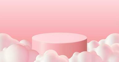 3D Pink Podium in Fluffy Clouds Background. Render Podium in Cloudy Scene. Abstract Platform in Pink Sky with Cartoon Clouds. Product Display Presentation Advertisement. Realistic Vector Illustration