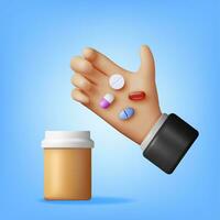 3D Plastic Bottle Full of Pills in Hand. Render Medicine Package for Pills, Capsule, Drugs. Box for Illness and Pain Treatment. Taking Pills Concept. Healthcare Pharmacy. Vector Illustration