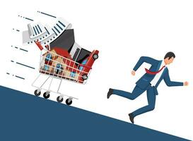 Businessman Running Away from Shopping Cart with House Building, Car, Laptop, TV, Receipt Check. Tax, Debt, Fee, Crisis, Bankruptcy. Cost of Living. Debt and Mortgage Loans. Flat Vector Illustration