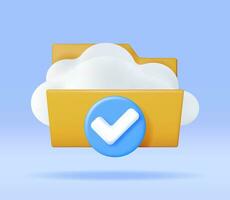 3D Cloud in Folder with Checkmark Icon Isolated. Render Computer File Folder with Synchronization Cloud. Data Center, Cloud Storage Concept. Online Backup. Internet Archive. Vector Illustration