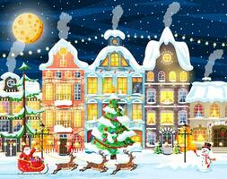 Christmas Card with Urban Landscape and Snowfall. Cityscape with Colorful Houses with Snow in Night. Winter Village, Cozy Town City Panorama. New Year Christmas Xmas Banner. Flat Vector Illustration