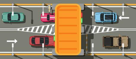 Traffic Toll Gate Top View. Highway Toll. View from Above. Road with Checkpoint. Road Tax for Using Expensive. Map of Cars Urban Transport Traffic Regulations Rules of Road. Flat Vector Illustration