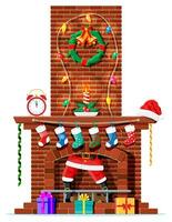 Santa claus stuck in chimney. Fireplace with socks, candle, gift box, wreath, garland. Happy new year decoration. Merry christmas holiday. New year and xmas celebration. Vector illustration flat style