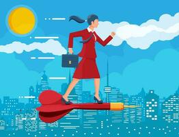 Businesswoman on dart aim arrow to target. Goal setting smart goal. Business man in suit with briefcase, cityscape. Business target concept. Achievement and success. Flat vector illustration