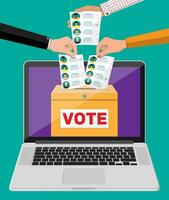 Ballot box, document with candidates on laptop screen. Hand with election bill. Vote paper with faces. Vector illustration in flat style