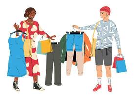 Fashionable Couple Holding Packages with Clothes. African American Woman and Caucasian Man After Shopping. Stylish People in Trendy Clothes. Female and Male Characters. Flat Vector Illustration