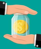 Glass money with gold coin and hands. Saving dollar coin in moneybox. Growth, income, savings, investment. Banking insurance, protection. Symbol of wealth. Business success. Flat vector illustration