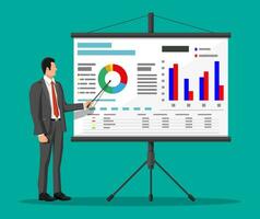 Businessman in suit giving presentation with projector screen. TV screen with financial report and lecturer. Training staff, meeting, report, business school. Vector illustration in flat style