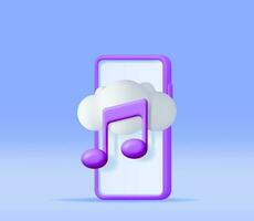 3D Music Cloud Note in Mobile Phone. Render Smartphone Streaming Music Platform Icon. Modern Music Service Symbol. Note Realistic Design. Musical Note, Sound, Song or Noise Sign. Vector illustration