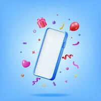 3D Party Confetti on Mobile Phone. Render Plasticine Confetti on Smartphone. Colorful Firecracker Elements in Various Shapes. Party Holyday Surprise or Birthday Events. Vector Illustration