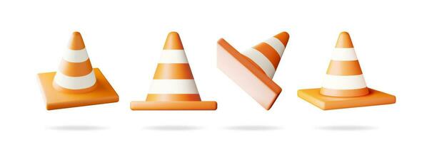 3D Traffic Cone Icon Set Isolated on White. Render Traffic Safety Rubber Road Cone. Striped Warning Road Object. Warning, Danger and Forbidden Symbol. Under Construction. Realistic Vector Illustration