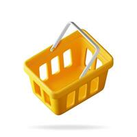 3D Orange Plastic Shopping Basket Isolated on White. Render Realistic Shopping Cart Icon. Empty Shopping Supermarket Basket Front View. Cartoon Vector Illustration