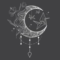 estético celestial boho creciente Luna línea Arte. esotérico creciente luna, flores, estrellas, papel aves, línea Arte. vector línea Arte de místico celestial magia elementos.