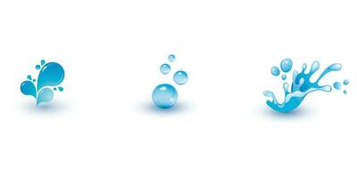 Collection of vector blue water droplets and splash icons. Collection of 3d drip and splash logo shapes. isolated white background