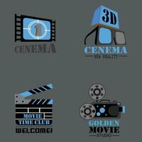 Cinema icons set in 3d style. Film industry objects. Blue cinema illustration isolated on black. Design element for cinema. Vector eps 10