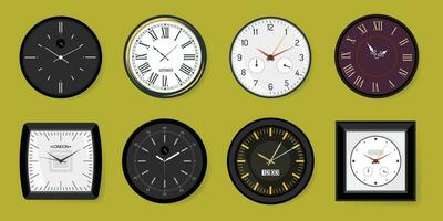 Collection of various white and black wall office clock icons. Closeup template design in vector. Mock-up for branding and advertising isolated on green background. vector