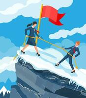 Group of Business Woman Climbing on Mountain Peak. Symbol of Team Work, Victory, Successful Mission, Goal and Achievement. Trials and Testing. Win, Business Success. Flat Vector Illustration