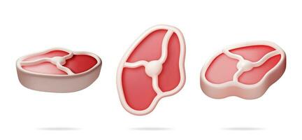 3d carne filete desde diferente anglos colección aislado. hacer conjunto de carne de vaca filete de lomo. Cerdo nudillo. rebanada de bife, Fresco crudo carne. sin cocer Cerdo cortar, carne de vaca o Cordero para barbacoa vector ilustración