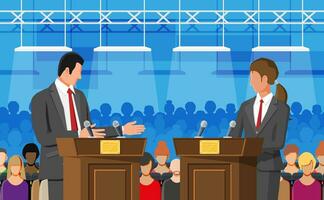 Male and female candidates at rostrums with microphones. Politics discussing between man and woman. Presidential elections concept. Political, economic debate. Flat design vector illustration