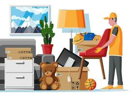 Moving to new house. Family relocated to new home. Sofa with paper cardboard boxes with various household items. Package for transportation. Computer, lamp. Vector illustration in flat style