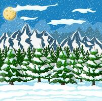 Winter christmas background. Pine tree wood and snow. Winter landscape with fir trees forest, mountain and snowing. Happy new year celebration. New year xmas holiday. Vector illustration flat style