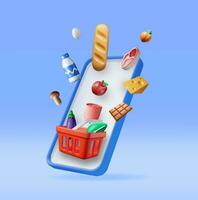 3D Smartphone with Shopping Grocery Basket Isolated. Render Grocery Store Delivery. Internet Order. Online Supermarket. Shopping Mall, Food Drinks. Milk, Vegetables, Meat, Cheese. Vector Illustration