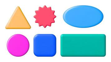 Set of 3D Colorful Glossy Badge. Square, Rectangular, Round, Oval, Triangular Shapes. Banner Blank Text Box Templates. Plastic Render Buttons Collection for Web and Apps. Vector Illustration