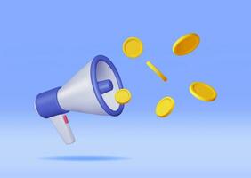 3D Megaphone with Coins Isolated on Background. Render Plastic Megaphone Realistic with Money. Modern Bullhorn or Loudspeaker. Announcement Message, Marketing, Job, Attention. Vector Illustration